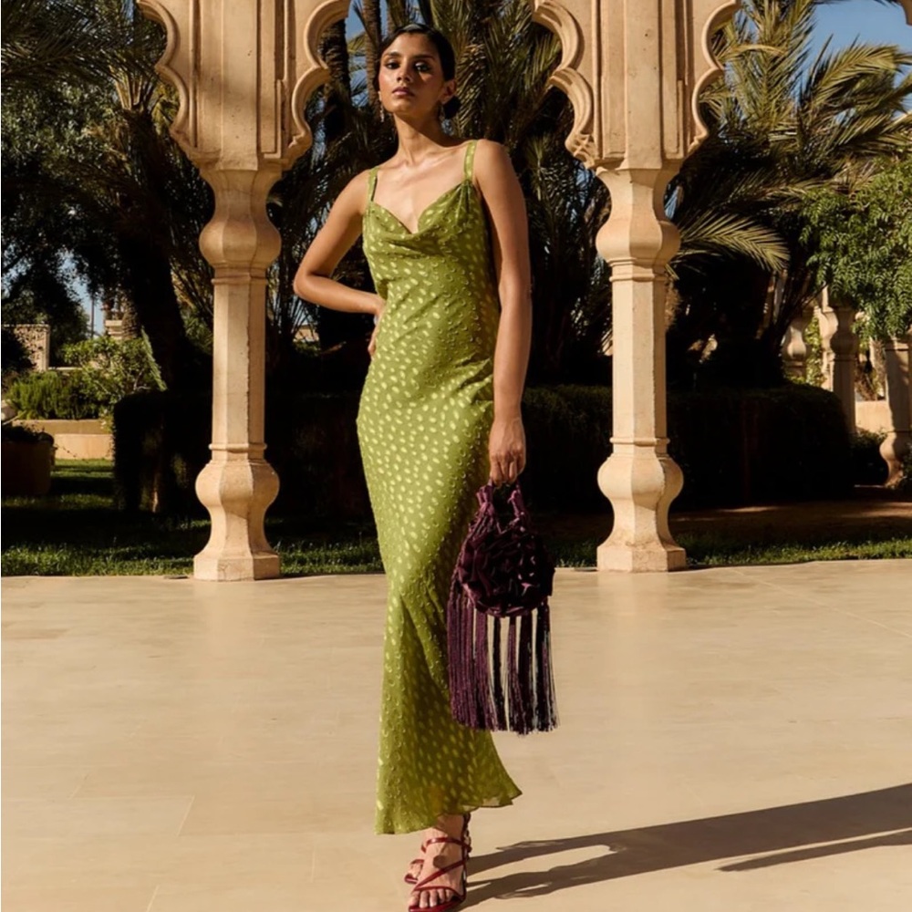 Backless Olive Green Slip Dress with Cowl Neck